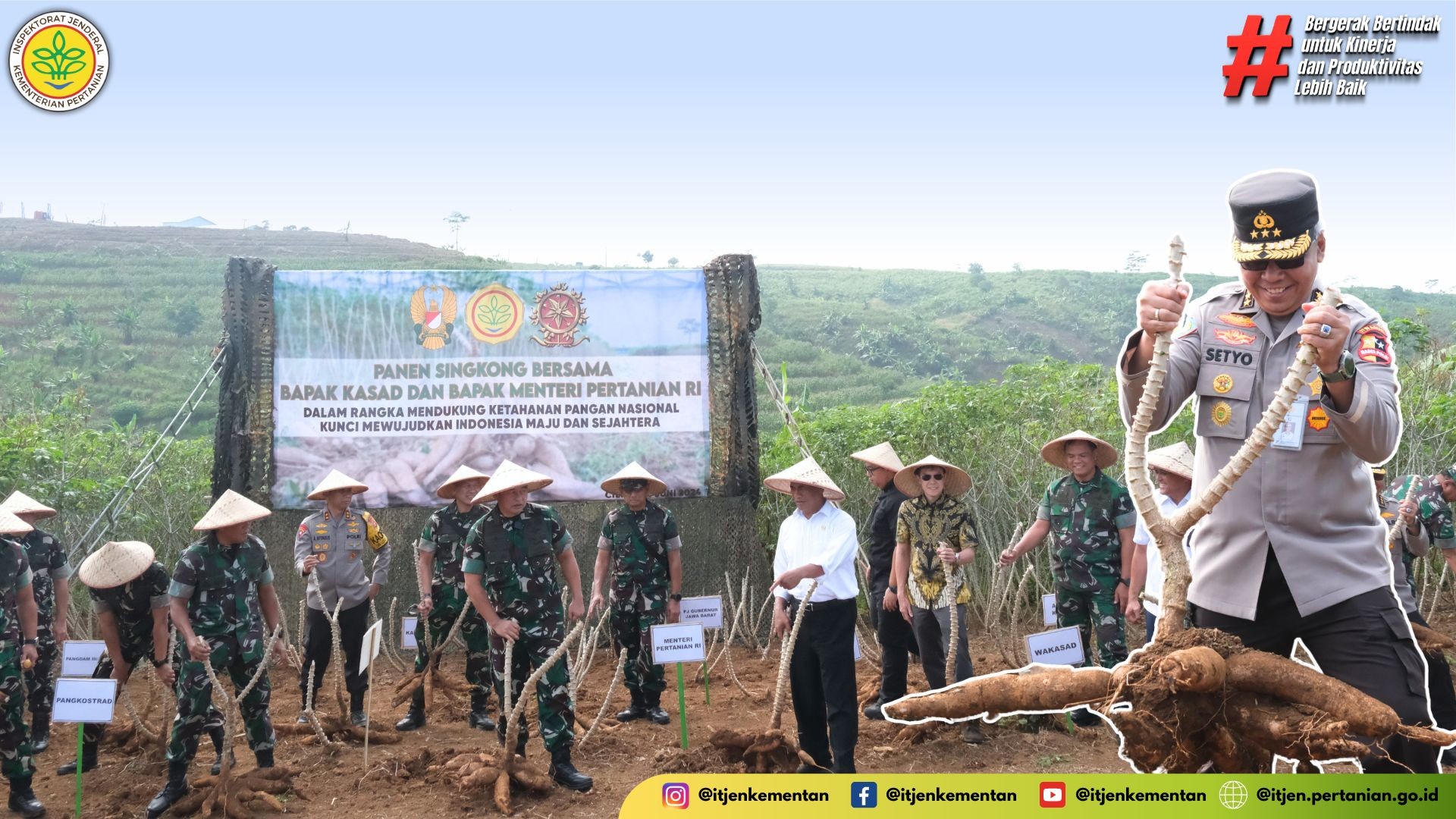 Irjen Kementan Setyo Budiyanto mengikuti kegiatan panen singkong dan jagung bersama Mentan Andi Amran Sulaiman dan Kepala Staf Angkatan Darat  Jenderal TNI Maruli Simanjuntak di lahan pertanian Kostrad.